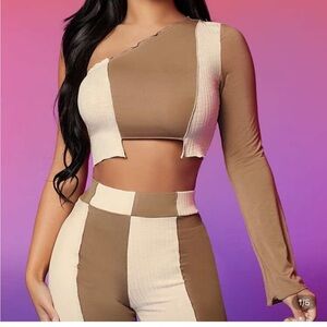 Cream and Brown Asymmetrical Crop Top